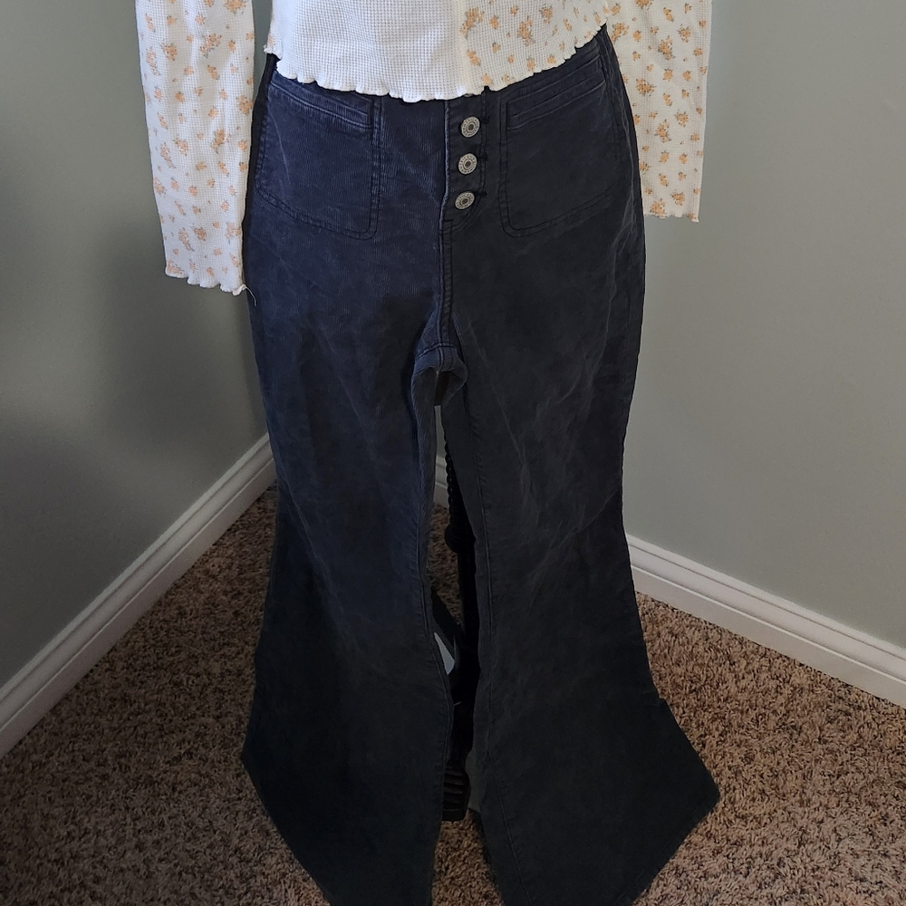 Grey Flared Corduroy Pants with Button Detail